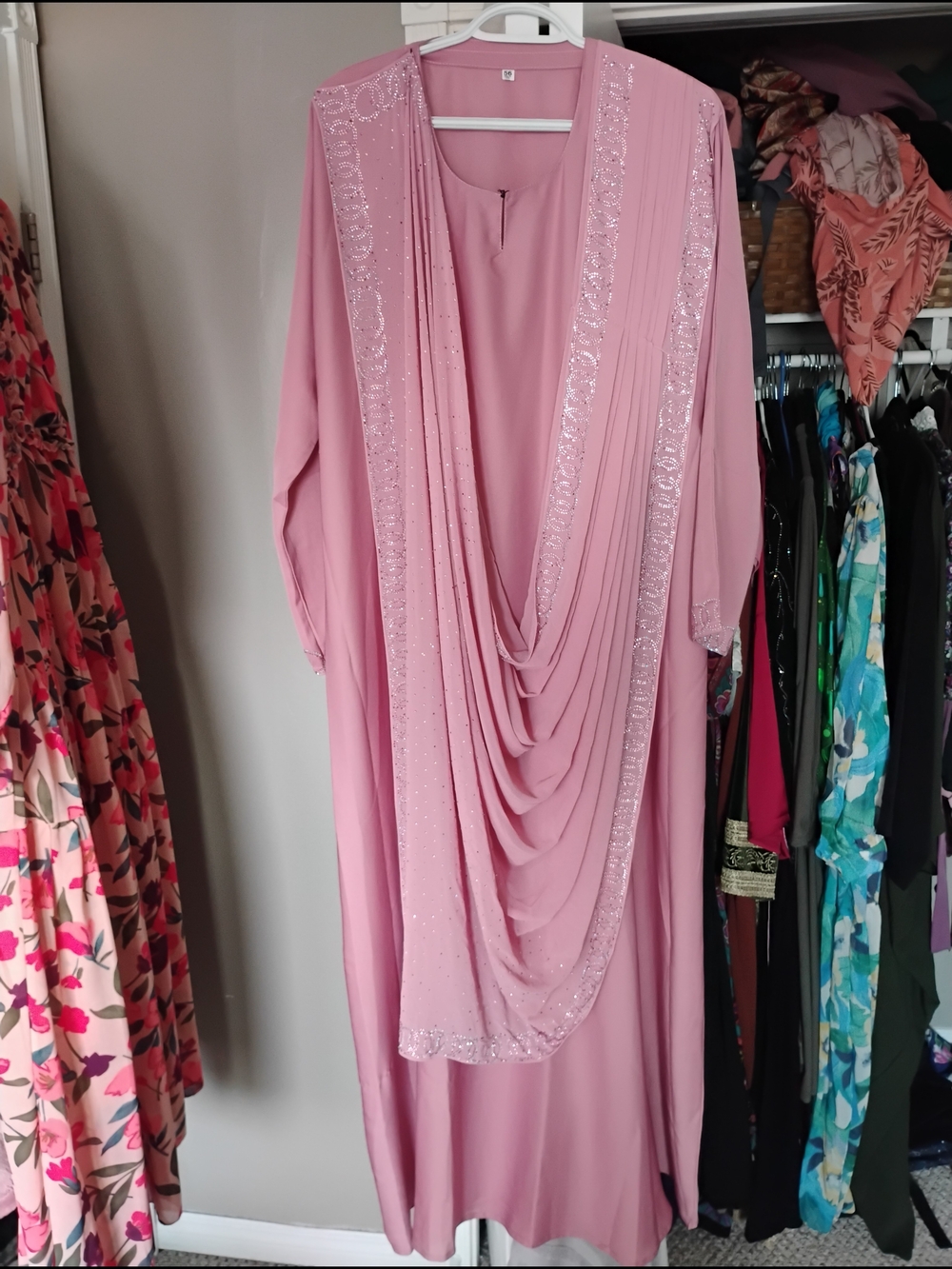 Elegant Pink Draped Womens Abaya
